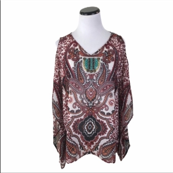 NWT Wrangler Sheer Cold Shoulder Paisley Leopard Print Beaded Blouse Top Medium - Picture 1 of 6
